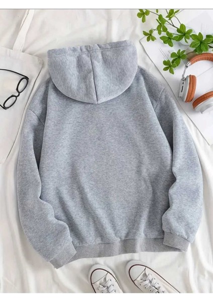 Çiçekli Pati Baskılı Kapüşonlu Cepli Pamuklu Gri Sweatshirt fiyatları