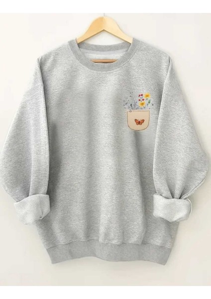 Çiçekli Cep Göğüs Baskılı Bisisklet Yaka Gri Sweatshirt