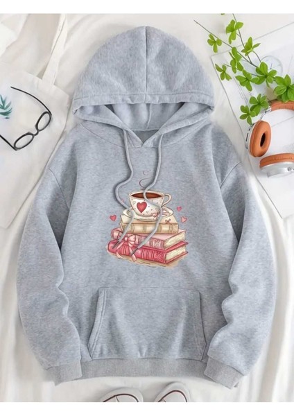 Coffee & Books Baskılı Kapüşonlu Cepli Pamuklu Gri Sweatshirt