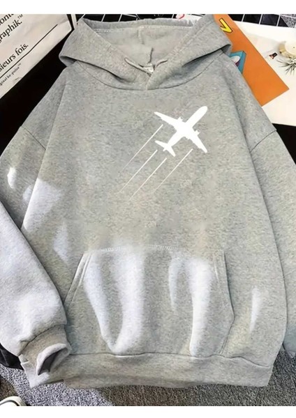 Uçak Baskılı Kapüşonlu Cepli Pamuklu Gri Sweatshirt