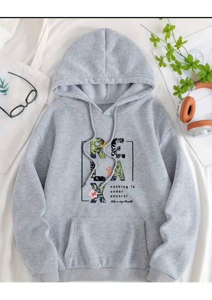 Order Control Baskılı Kapüşonlu Cepli Pamuklu Gri Sweatshirt