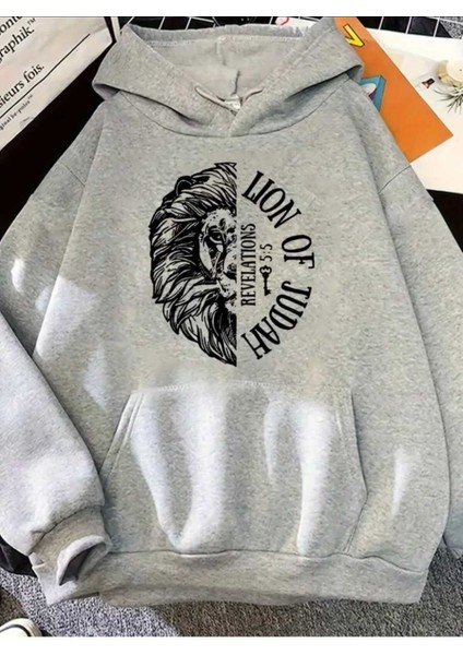 Yarım Aslan Yüzü Baskılı Kapüşonlu Cepli Pamuklu Gri Sweatshirt