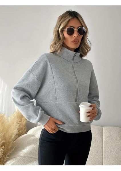 Kadın Yarım Fermuarlı Dik Yaka Özel Tasarım Içi Yünlü Gri Sweatshirt