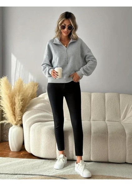 Kadın Yarım Fermuarlı Dik Yaka Özel Tasarım Içi Yünlü Gri Sweatshirt fırsatları