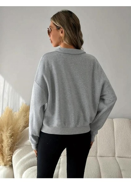 Kadın Yarım Fermuarlı Dik Yaka Özel Tasarım Içi Yünlü Gri Sweatshirt indirimleri