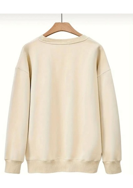 Basit Kalp Çizim Baskılı Bisiklet Yaka Bej Sweatshirt fiyatları