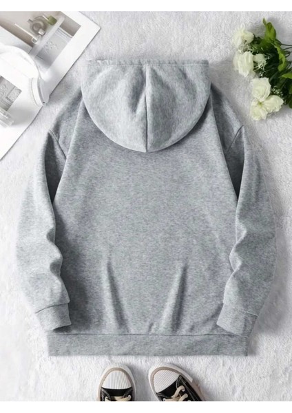 Slay All Day Baskılı Kapüşonlu Cepli Içi Yünlü Gri Sweatshirt fiyatları