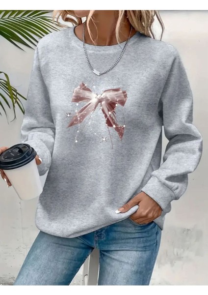 Parlak Pembe Kurdele Baskılı Bisiklet Yaka Gri Sweatshirt