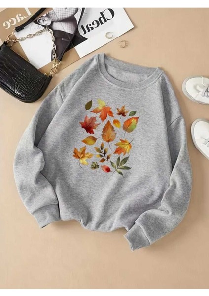 Sonbahar Yaprakları Baskılı Bisiklet Yaka Gri Sweatshirt