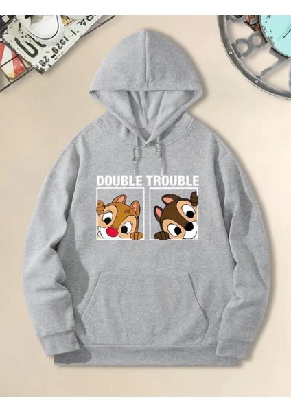 Double Trouple Baskılı 2 Iplik Şardonlu Cepli Kapüşonlu Sweatshırt