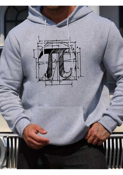 Pi Sayısı Baskılı Kapüşonlu Cepli Pamuklu Gri Sweatshirt