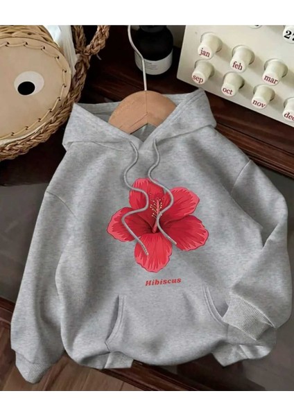 Hibiscus Baskılı Kapüşonlu Cepli Pamuklu Gri Sweatshirt