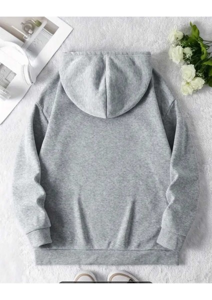 Hibiscus Baskılı Kapüşonlu Cepli Pamuklu Gri Sweatshirt fiyatları