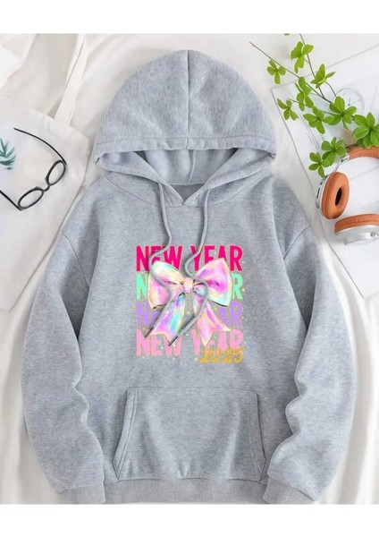 New Year 2025 Baskılı Kapüşonlu Cepli Pamuklu Gri Sweatshirt