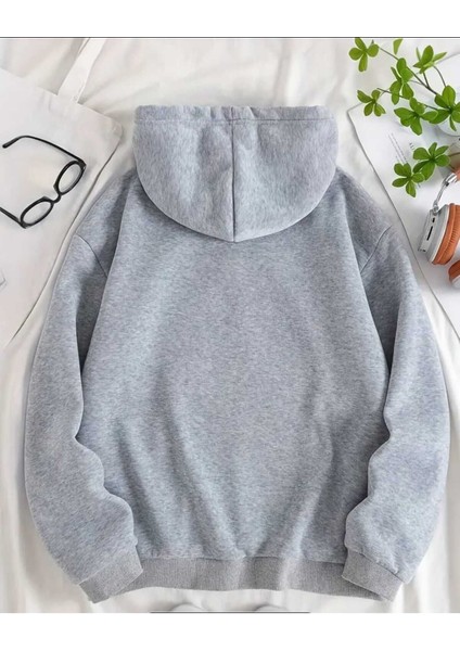 New Year 2025 Baskılı Kapüşonlu Cepli Pamuklu Gri Sweatshirt fiyatları
