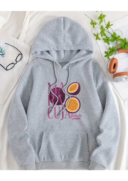 Maracuja Baskılı Kapüşonlu Cepli Içi Yünlü Gri Sweatshirt