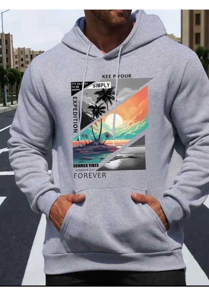 Forever Desenli 2 Iplik Şardonlu Cepli Kapüşonlu Sweatshırt