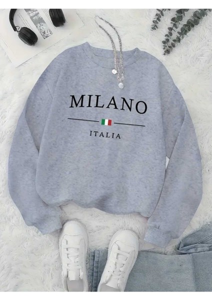 Milano Italia Baskılı Bisiklet Yaka Gri Sweatshirt