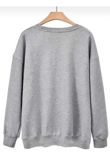 Yarım Yüz Leopar Baskılı Bisiklet Yaka Gri Sweatshirt fiyatları