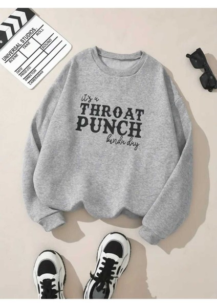 Throat Punch Baskılı Bisiklet Yaka Gri Sweatshirt