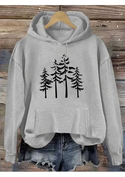 Dört Ağaç Baskılı Kapüşonlu Cepli Içi Yünlü Gri Sweatshirt