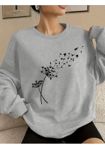 Karahindiba Baskılı Bisiklet Yaka Gri Sweatshirt