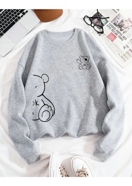 Sevimli Ayı Baskılı Bisiklet Yaka Gri Sweatshirt