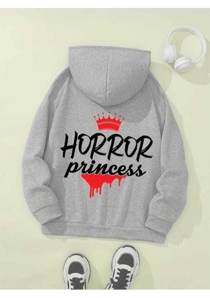 Horror Princess Arka Baskılı Kapüşonlu Cepli Pamuklu Gri Sweatshirt