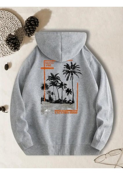 Vacation Mood Desenli 2 Iplik Şardonlu Cepli Kapüşonlu Sweatshırt