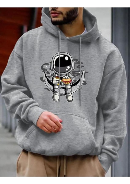 Sevimli Uzaylı Desenli 2 Iplik Şardonlu Cepli Kapüşonlu Sweatshırt