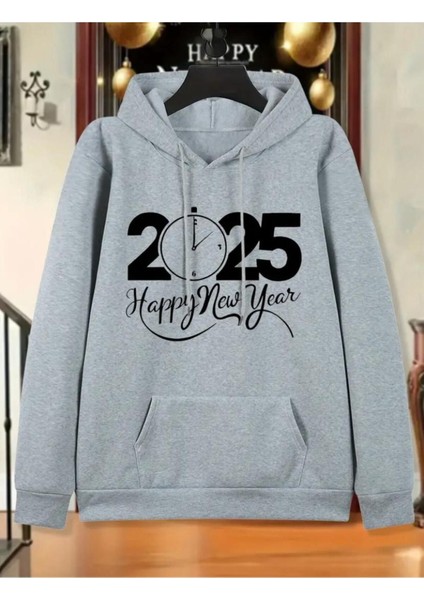 2025 Yeni Yıl Desenli 2 Iplik Şardonlu Cepli Kapüşonlu Sweatshırt