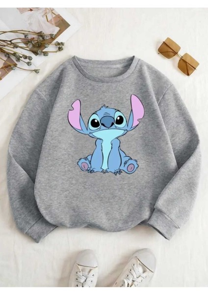 Stitch Baskılı Bisiklet Yaka Gri Sweatshirt