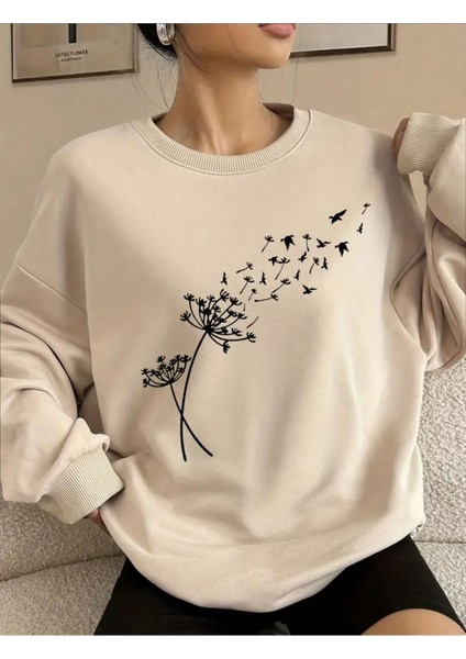 Karahindiba Baskılı Bisiklet Yaka Bej Sweatshirt