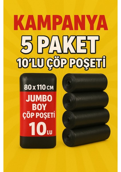 Çöp Torbası- 5'li Paket- 10'lu Jumbo Boy- 80X110 cm - J400- 90LT. Siyah Kalın Çöp Poşeti