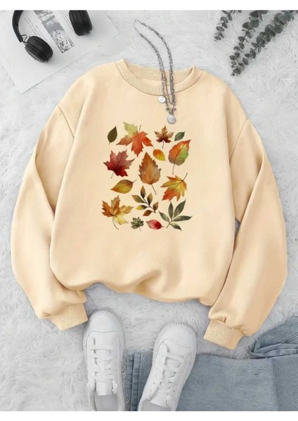 Sonbahar Yaprakları Baskılı Bisiklet Yaka Bej Sweatshirt