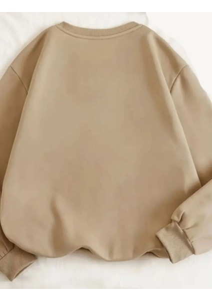 Parlak Pembe Kurdele Baskılı Bisiklet Yaka Bej Sweatshirt fiyatları