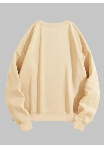 Sonbahar Yaprakları Baskılı Bisiklet Yaka Bej Sweatshirt fiyatları