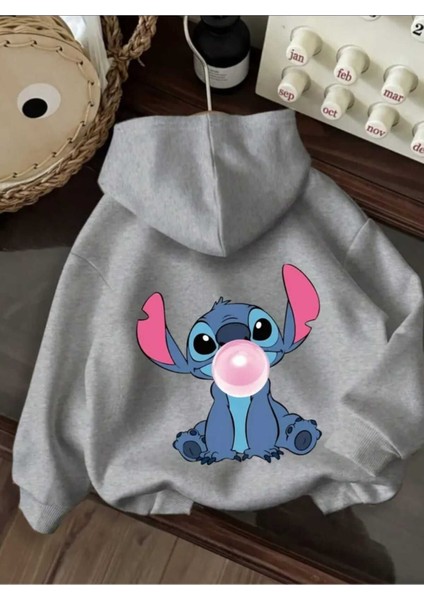 Stitch Arka Baskılı Kapüşonlu Cepli Içi Yünlü Gri Sweatshirt