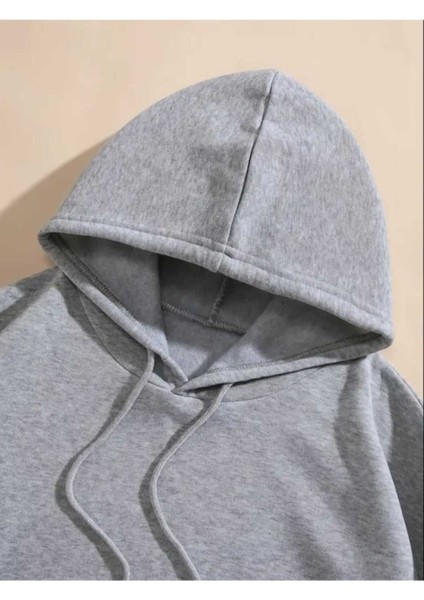 Stitch Arka Baskılı Kapüşonlu Cepli Içi Yünlü Gri Sweatshirt modelleri