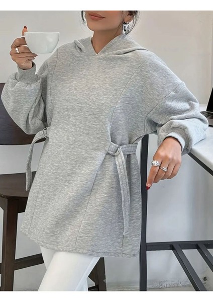 Kadın Kapüşonlu Özel Tasarım Kuşaklı Gri Sweatshirt fiyatları