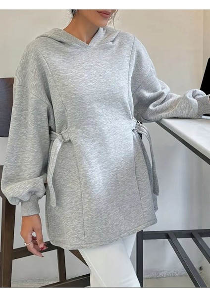 Kadın Kapüşonlu Özel Tasarım Kuşaklı Gri Sweatshirt modelleri