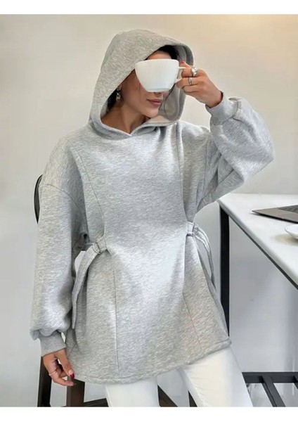 Kadın Kapüşonlu Özel Tasarım Kuşaklı Gri Sweatshirt fırsatları