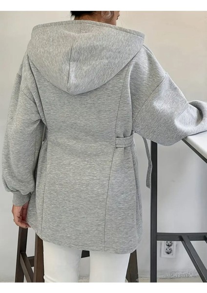 Kadın Kapüşonlu Özel Tasarım Kuşaklı Gri Sweatshirt indirimleri