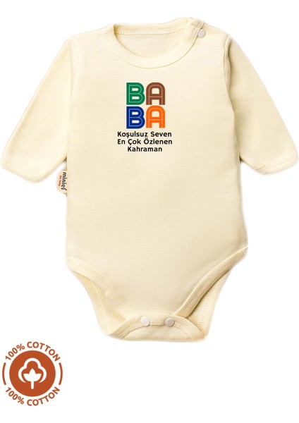 Unisex Bebek %100 Pamuklu Baba Baskılı 3-6-9-12 Ay Bebek Body Ekru Badi Zıbın