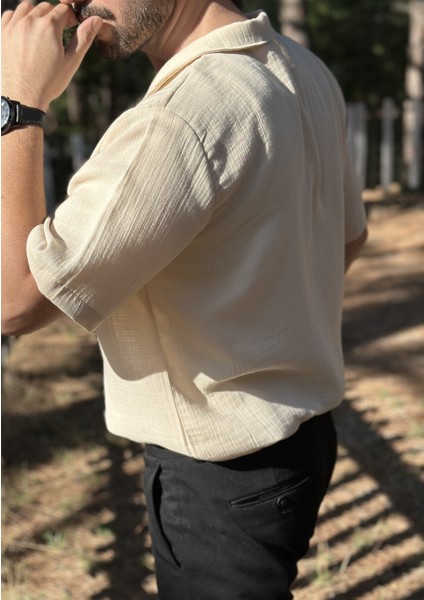 Kısa Kollu Tek Cepli Bej Müslin Kumaş Gömlek fiyatları