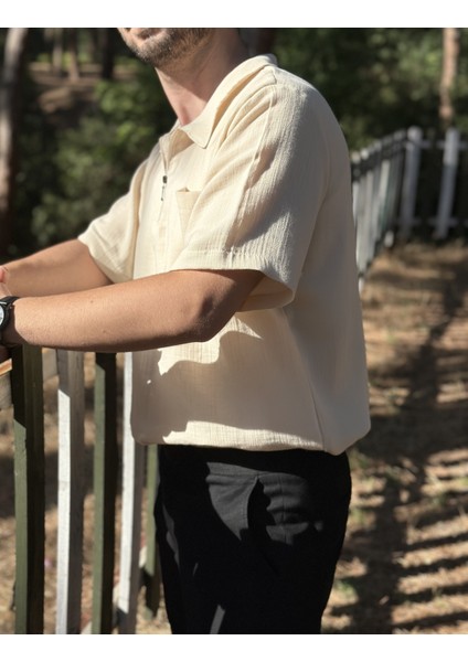 Kısa Kollu Tek Cepli Bej Müslin Kumaş Gömlek modelleri