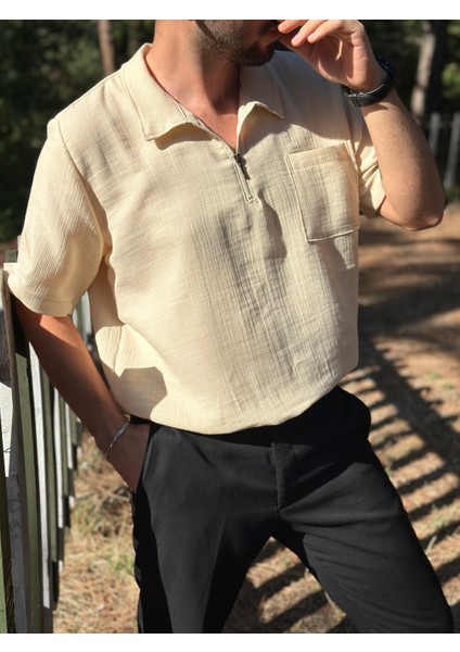 Kısa Kollu Tek Cepli Bej Müslin Kumaş Gömlek fırsatları