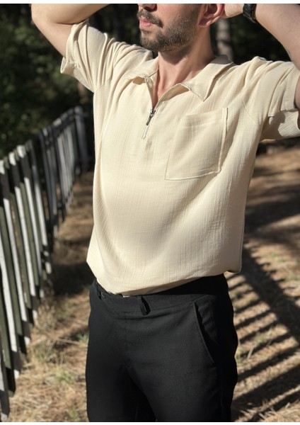 Kısa Kollu Tek Cepli Bej Müslin Kumaş Gömlek indirimleri