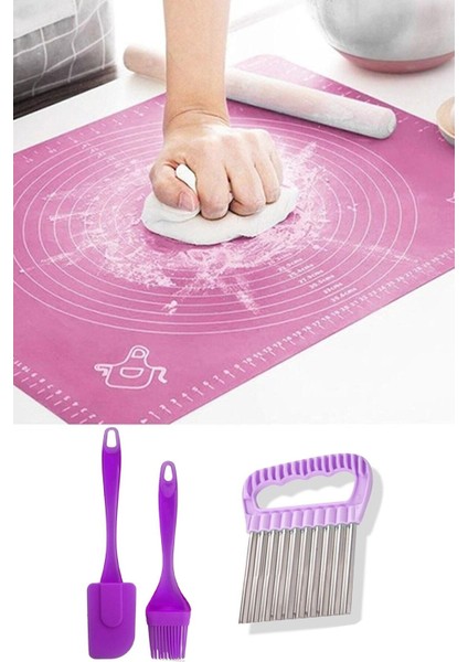 Silikon Hamur Açma Matı, Spatula, Fırça ve Şekilli Patates Bıçağı Seti