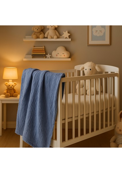 %100 Pamuk Müslin Bebek Battaniyesi İndigo Renk 100X120 cm – Yumuşak ve Nefes Alabilir